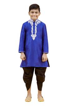 Blue embroidered silk boys-kurta-pyjama