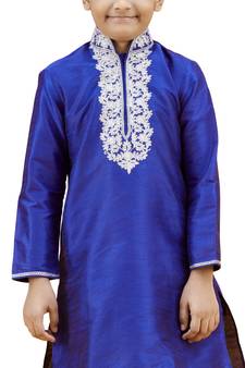Blue embroidered silk boys-kurta-pyjama