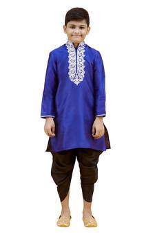 Blue embroidered silk boys-kurta-pyjama