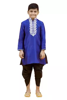 Blue embroidered silk boys-kurta-pyjama