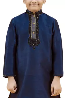 Blue embroidered silk boys-kurta-pyjama
