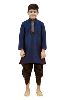Blue embroidered silk boys-kurta-pyjama