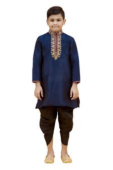 Blue embroidered silk boys-kurta-pyjama