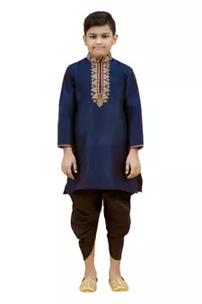 Blue embroidered silk boys-kurta-pyjama