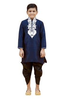 Blue embroidered silk boys-kurta-pyjama