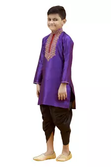 Purple embroidered silk boys-kurta-pyjama