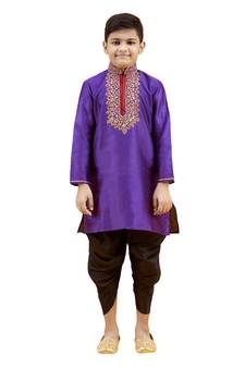 Purple embroidered silk boys-kurta-pyjama