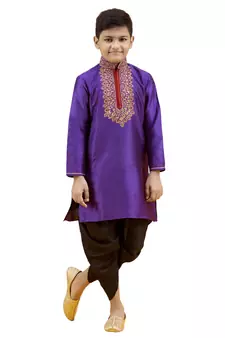 Purple embroidered silk boys-kurta-pyjama