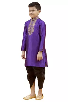 Purple embroidered silk boys-kurta-pyjama