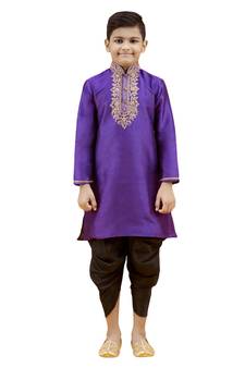 Purple embroidered silk boys-kurta-pyjama