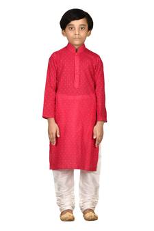 Red printed brocade boys-kurta-pyjama