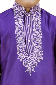 Purple embroidered silk boys-kurta-pyjama