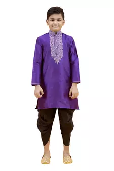 Purple embroidered silk boys-kurta-pyjama