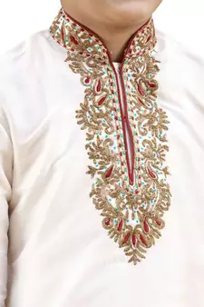 Fawn embroidered silk boys-kurta-pyjama