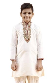 Fawn embroidered silk boys-kurta-pyjama