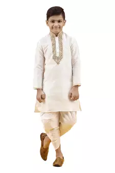 Fawn embroidered silk boys-kurta-pyjama