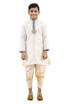 Fawn embroidered silk boys-kurta-pyjama