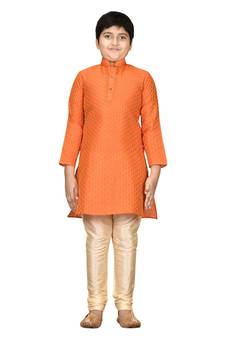 Orange plain brocade boys-kurta-pyjama