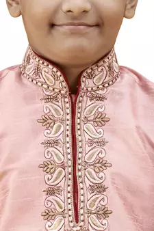 Pink embroidered silk boys-kurta-pyjama