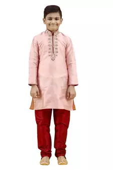 Pink embroidered silk boys-kurta-pyjama