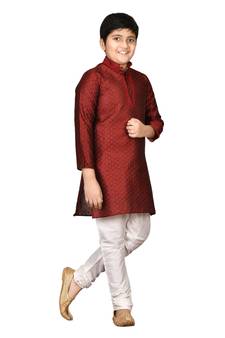 Maroon embroidered brocade boys-kurta-pyjama