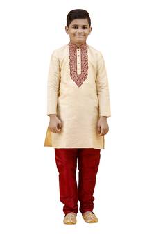 Fawn embroidered silk boys-kurta-pyjama