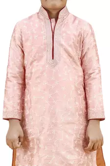 Pink embroidered silk boys-kurta-pyjama