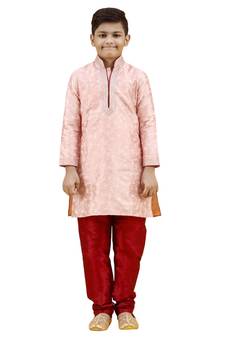Pink embroidered silk boys-kurta-pyjama