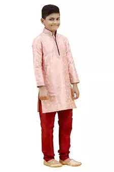 Pink embroidered silk boys-kurta-pyjama
