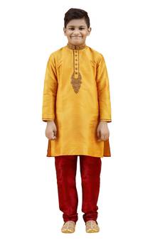 Orange embroidered silk boys-kurta-pyjama
