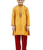 Orange embroidered silk boys-kurta-pyjama