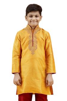 Orange embroidered silk boys-kurta-pyjama