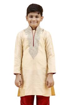Fawn embroidered silk boys-kurta-pyjama