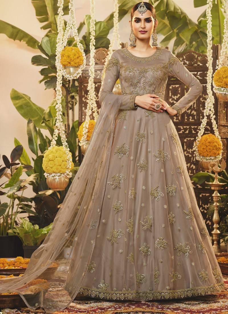 Gold Beige Chikankari Embroidered Wedding Anarkali Gown