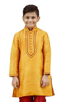 Orange embroidered silk boys-kurta-pyjama