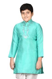 Turquoise plain silk boys-kurta-pyjama