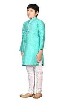 Turquoise plain silk boys-kurta-pyjama