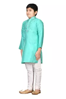 Turquoise plain silk boys-kurta-pyjama