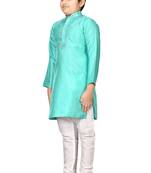 Turquoise plain silk boys-kurta-pyjama