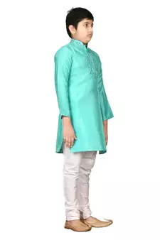 Turquoise plain silk boys-kurta-pyjama