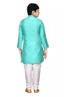 Turquoise plain silk boys-kurta-pyjama