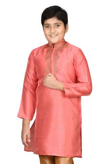 Pink embroidered silk boys-kurta-pyjama