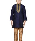 Blue embroidered silk boys-kurta-pyjama