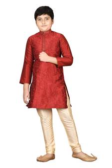 Maroon embroidered silk boys-kurta-pyjama