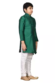 Green embroidered silk boys-kurta-pyjama
