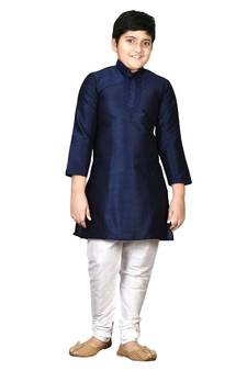 Blue embroidered silk boys-kurta-pyjama