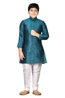 Green embroidered silk boys-kurta-pyjama