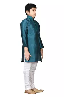 Green embroidered silk boys-kurta-pyjama