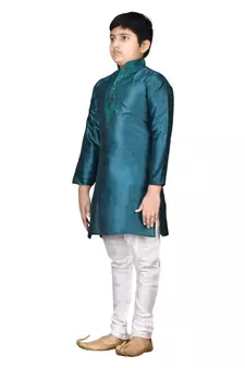 Green embroidered silk boys-kurta-pyjama