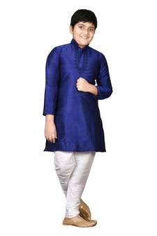 Blue embroidered silk boys-kurta-pyjama